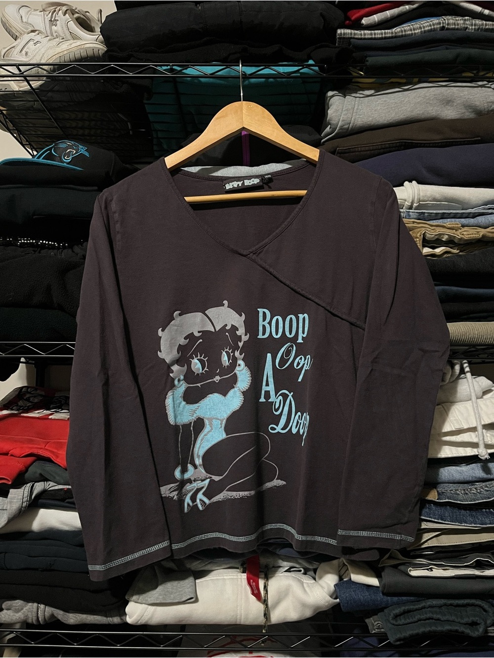 Betty Boop Black Sweater with Light Blue Graphic V-Neck